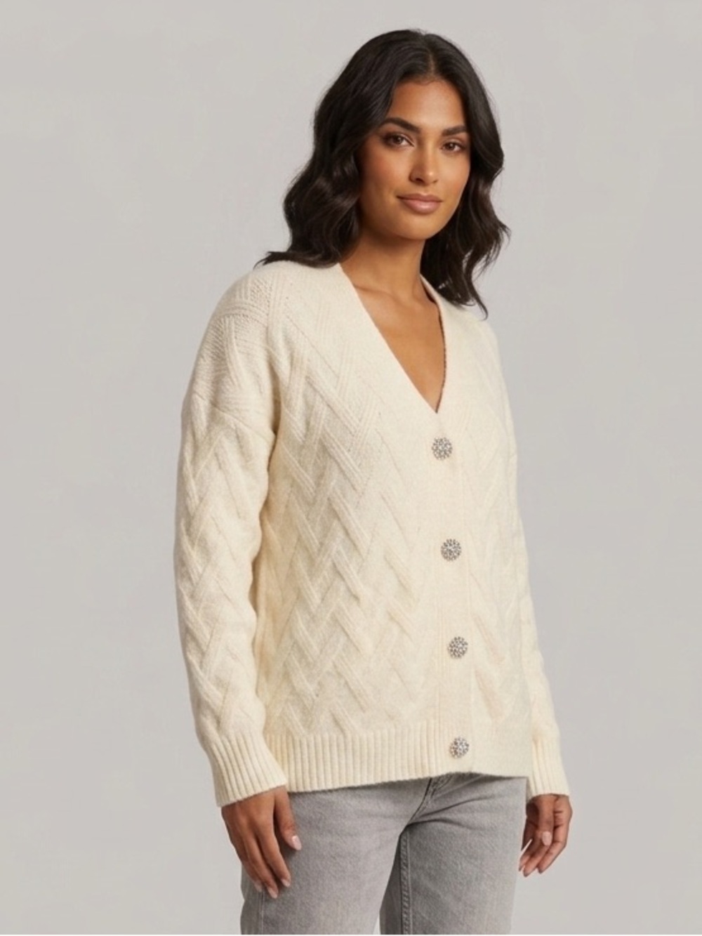 NWT ✨ Ninety Cream Cable Knit V-Neck Button Cardigan size Large